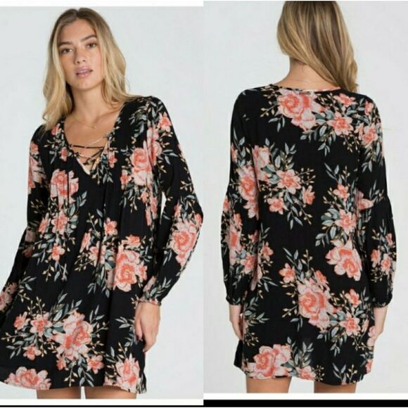 BILLABONG Just Like Us Black Floral lace up long sleeve Mini Dress size S - Picture 1 of 13